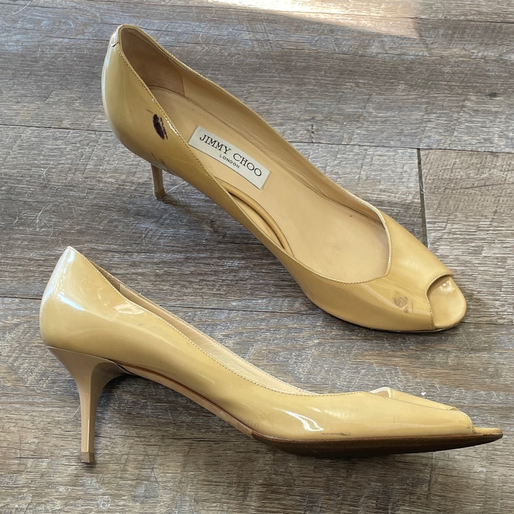 Jimmy Choo Patent Leather Peep Toe Kitten Heels
